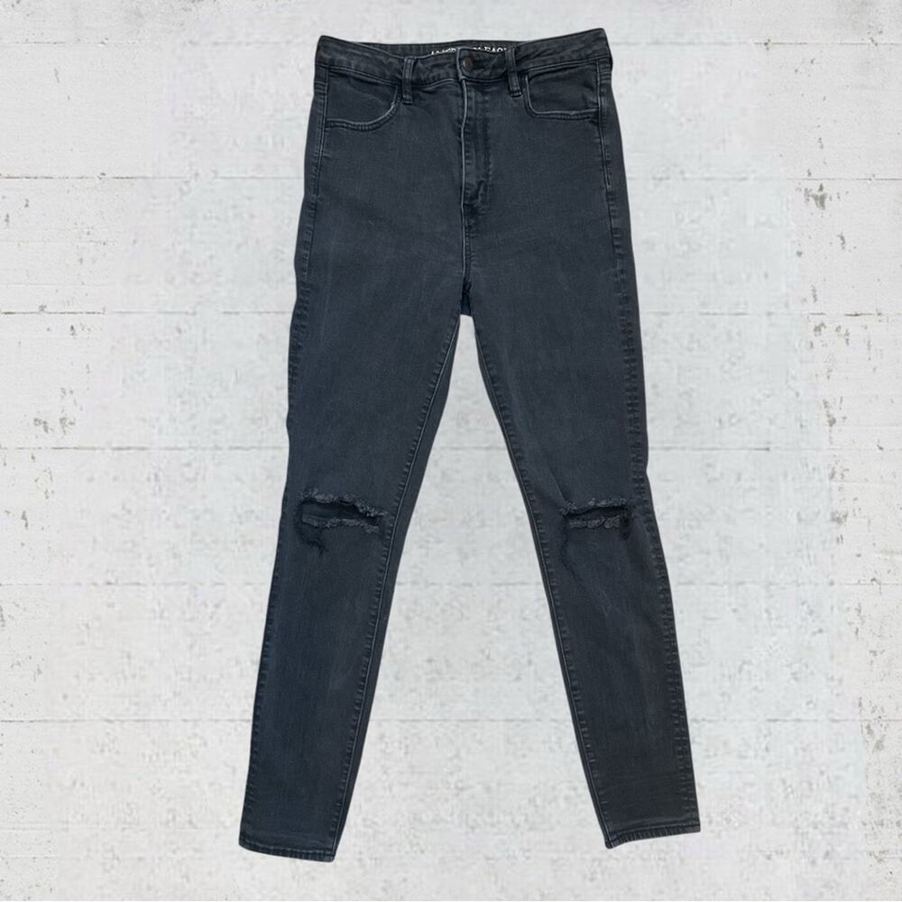 American Eagle Super Hi Rise Jegging Faded Black Distressed Emo Grunge Indie 12L